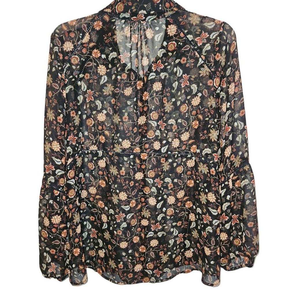 Soft Surroundings Top Womens Medium Sheer Black Floral Boho Button Up Flowy